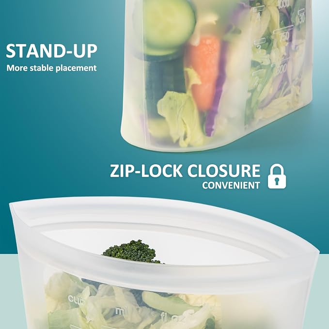 12-Pack Platinum Silicone Reusable Storage Bags, 100% Premium Silicone Stand-Up Wide-Open Zip-Lock Reusable Storage Bags for Food, Freezer Microwave Oven Dishwasher Safe, Crystal-Clear, 4M 4S 4XS