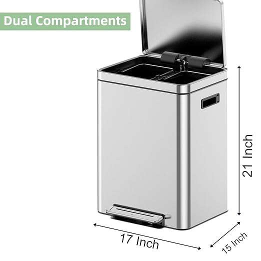Takywep 2x9.5 Gallon Stainless Steel Trash Can with Soft-Close Lid & Foot Pedal, Rectangular Recycling Bin with 2 Removable Buckets for Kitchen, Office, Home Waste Separation