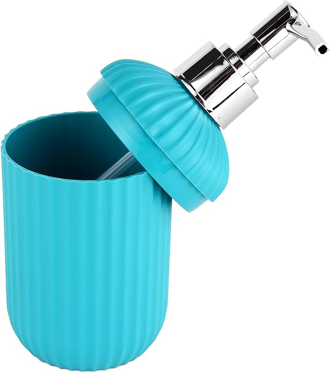 Bathroom Accessories Set, Toothbrush Holder, Liquid Soap Dispenser & Tray, Unbreakable Plastic Organizer for Sink & Bathroom Essentials, Handwash, Sanitizer, Shampoo, Lotion (Blue,Pack of 3)
