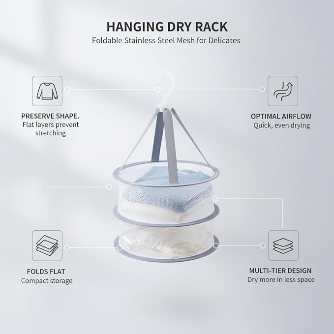 Foldable Hanging Dryer Net, Stainless Steel Mesh Rack for Flat Drying Sweaters & Delicates, Space-Saving Laundry Organizer