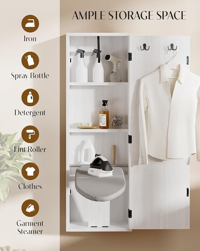 Wall Mounted Ironing Board Cabinet with Storage & 180° Swivel, Folding Ironing Board Cabinet with Heat-Resistant Cover Pad for Laundry Room, Apartment, Small Spaces, Space-Saving, White