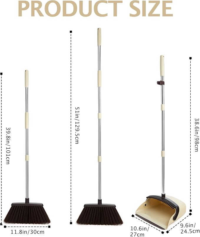 2-Pack Broom and Dustpan Set with Long Handle, Heavy Dust Broom and Dustpan Combo for Home，Kitchen, Office, Pet Hair(Beige)