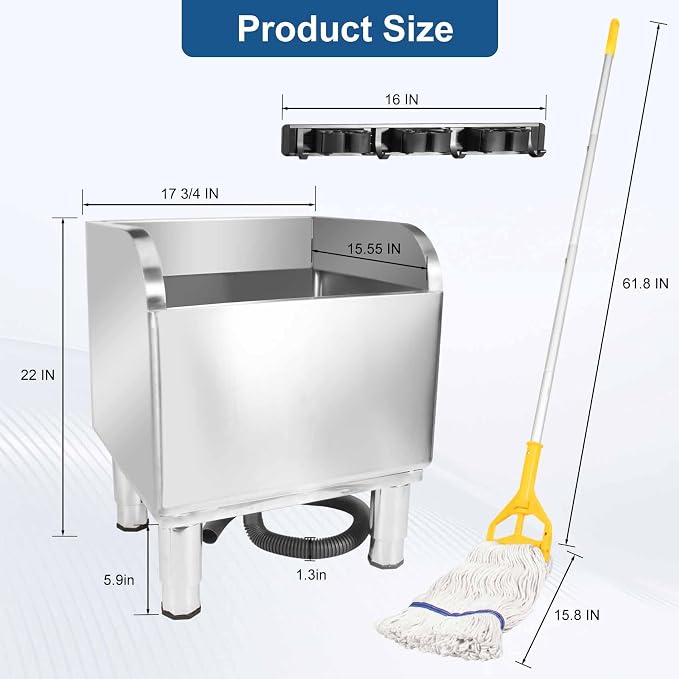 17 3/4in Stainless Steel Floor Mop Sink with Detachable Mop | Suitable for Laundry Rooms, Restaurants, Garages, Balconies, and Other Commercial Settings (17.7"L x 15.5"W x 21.9"H)
