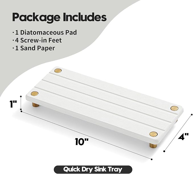 Instant Dry Sink Caddy Kitchen Sink Organizer, Quick Drying Diatomaceous Earth Stone Sink Tray Sponge Holder Soap Dish, Bathroom Countertop Vanity Dispenser Toothbrush, Gold White, 10" x 4"