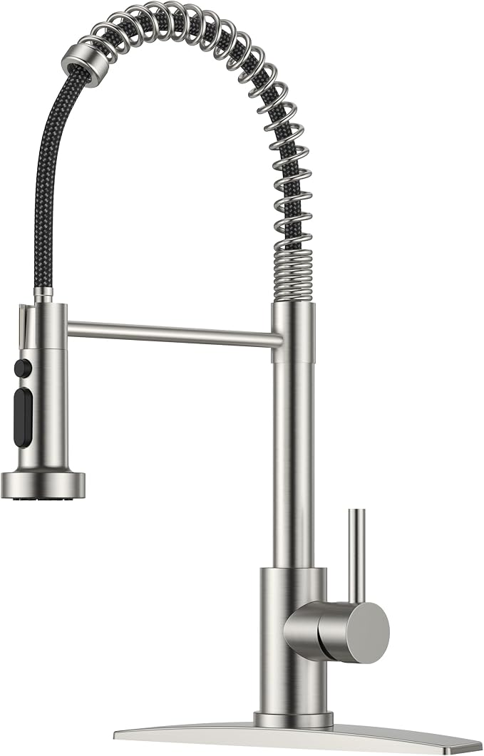 FORIOUS Kitchen Faucet with Pull Down Sprayer, Brushed Nickel Stainless Steel Single Handle Classic Spring Commercial Sink Faucet for RV Camper Bar Farmhouse Laundry