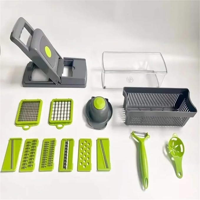 16 in 1 Kitchen Vegetable Cutter with Interchangeable Blades Carrot Grater Potato Peeler Slicer Tool with Storage Container Green