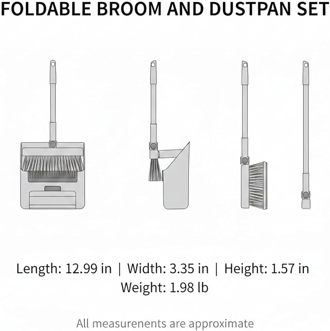Foldable Broom and Dustpan Set with Squeegee, Stainless Steel Handle for Hard Floors, Compact 1.57-Inch Storage for Kitchen and Bathroom