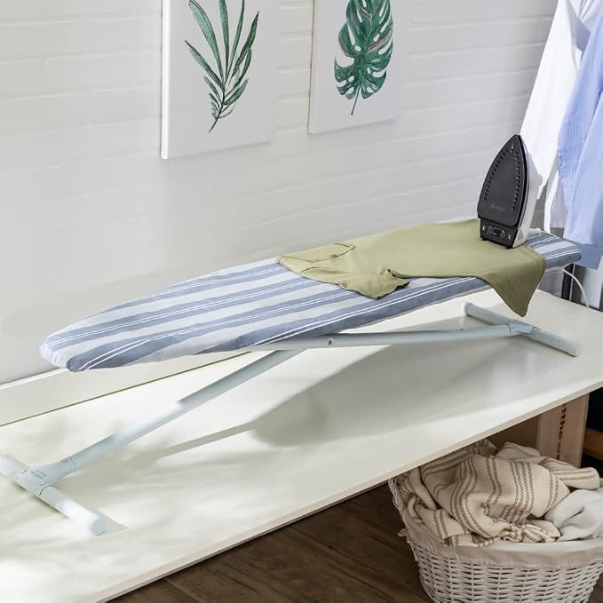 Full Size Ironing Board with Cover & Pad – Made in USA by Seymour Home Products Adjustable Steel T-Legs, 35" High Perforated Top for Steam Durable Iron Board for Home, Laundry Room (Blue Stripe)