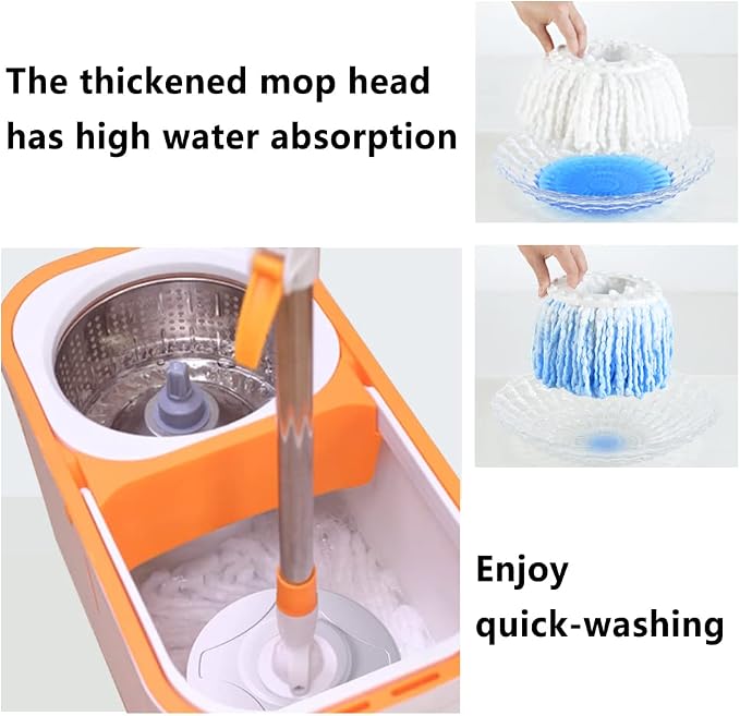 61" Spin Mop and Bucket Set,Wringer System for Cleaning,with 5 Refill Heads | Hands-Free Wringing with1 Brush,Stainless Steel Handle,Suitable for Tile Hardwood Laminate Floors,Easy Dirt Removal
