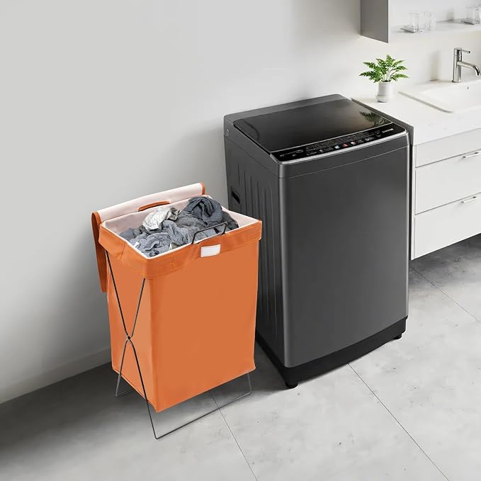 X-Frame Collapsible Laundry Basket, Foldable Dirty Clothes Basket w/Lid, Laundry Hamper Washing Bin for Bathroom, Bedroom, Dorm (Brown B)