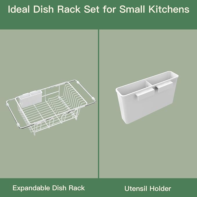 White Dish Drying Rack Over The Sink with Utensil Holder | Expandable Stainless Steel Dish Drainer for Small Kitchen, Apartment, RV, Counter Space Saving, Perfect Fit, Rustproof