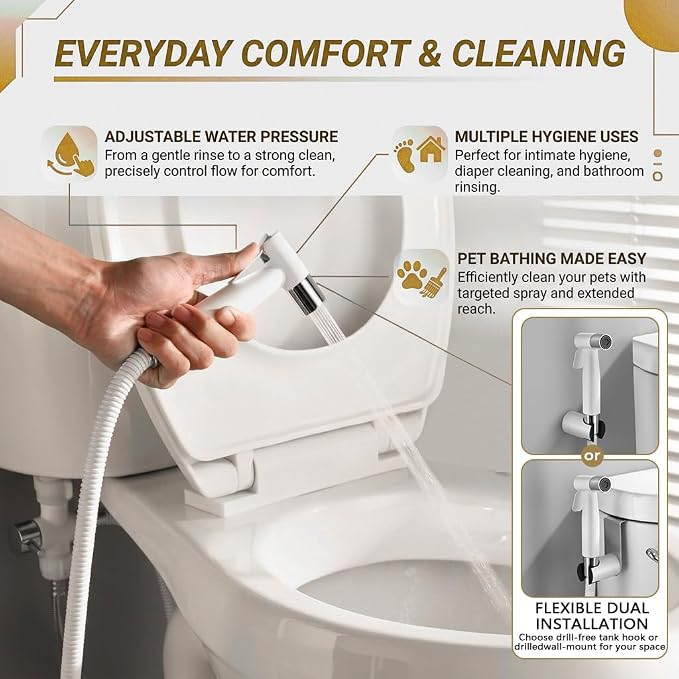 BARROCK Handheld Bidet Sprayer for Toilet, Stainless Steel Metal Made Baby Cloth Diaper Spraying Kit, Bathroom Toilet Bidet Attachment Set for Bathing Pets and Feminine Hygiene, Chrome and White