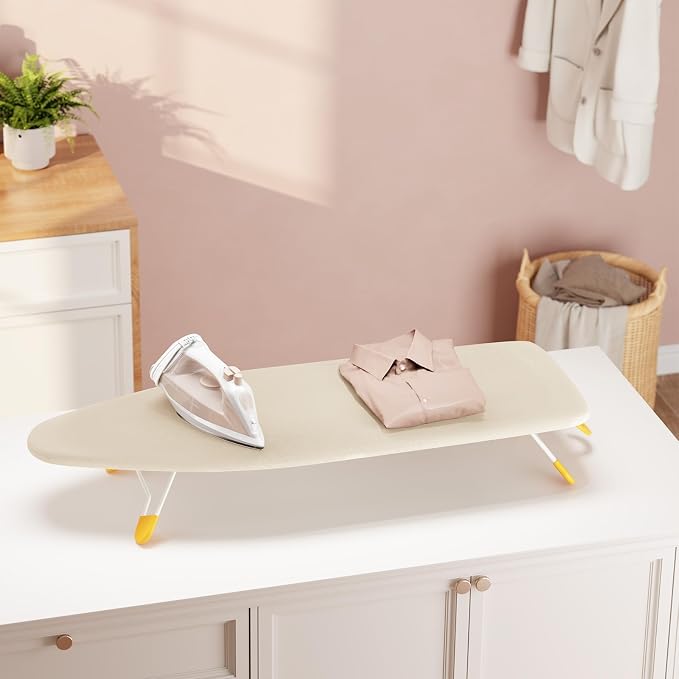 12"×38" Small Ironing Board Tabletop, Table Top Iron Board Small with Mesh Metal Base, Mini Tabletop Ironing Boards Space Saving, Compact Table Top Iron Boards Small with Non-Slip Feet, Milk White