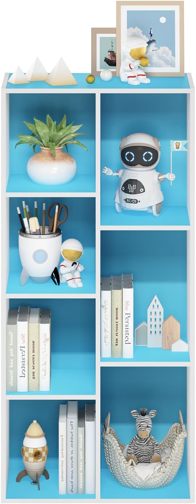 Furinno LUDER Book Shelf, 7-Cube Bookshelf, Bookcase with Open Shelves, 9.4 x 19.5 x 41.7, Easy Assembly, for Living Room, Bedroom, Home Office, White/Light Blue