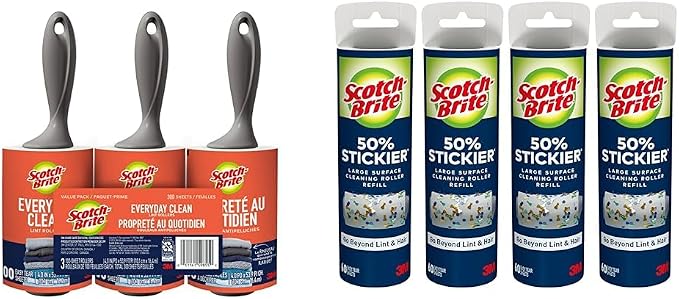 Scotch-Brite 50" Stickier Large Surface Roller Refill & Lint Roller, Works Great on Pet Hair, Clothing, Furniture and More, 3 Rollers, 100 Sheets Per Roller (300 Sheets Total)