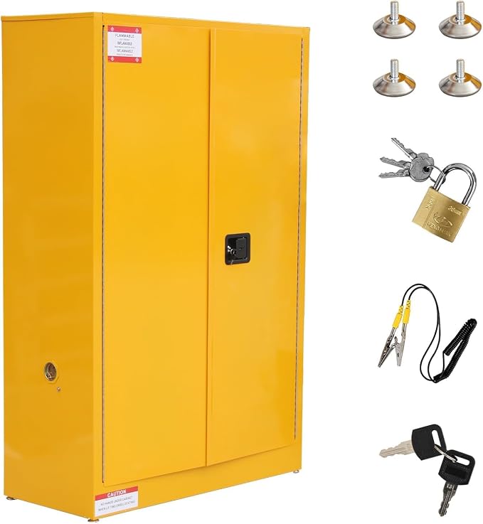 Flammable Storage Cabinet 43" x 18" x 65", 45 Gallon Galvanized Steel Flammable Liquid Storage Locker with 2 Adjustable Shelves & Manual-Close Doors, OSHA Compliant Industrial Hazardous Storage, Yell