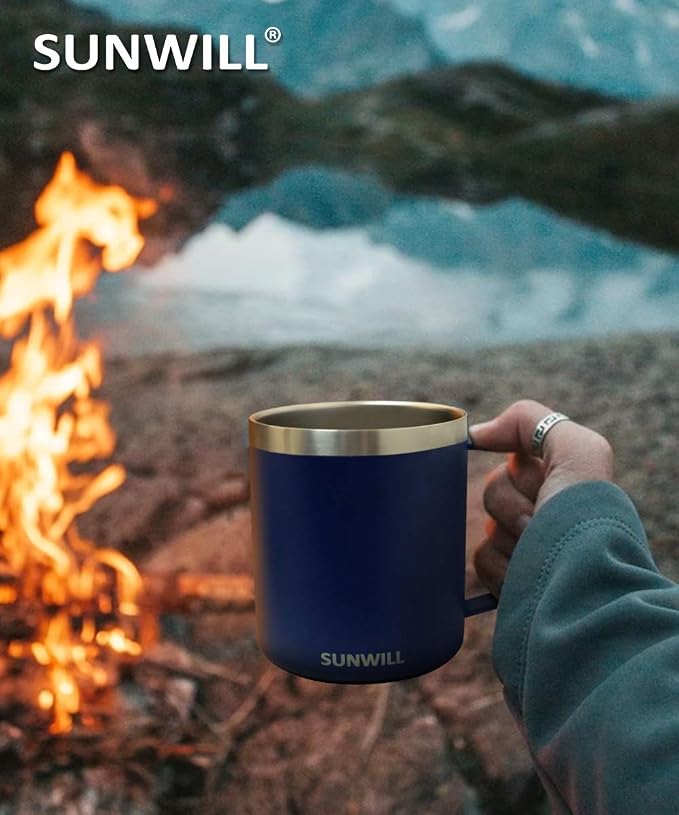 SUNWILL Insulated Coffee Mug, Stainless Steel 14 oz, Splash-Proof Lid | Keeps Drinks Hot & Cold, Powder-Coated Navy Blue Finish, Dishwasher Safe, Ideal for Home & Office