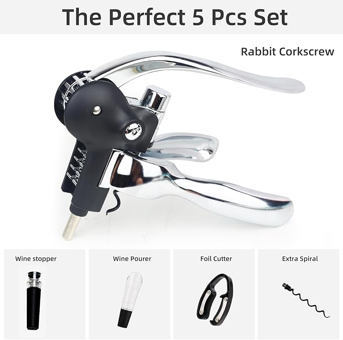 Wine Opener, Rabbit Corkscrew with Luxury Gift Box, Premium 5-Piece Set, Includes Wine Stopper, Foil Cutter, Wine Pourer, Quick and Easy Cork Extraction for Wine Lovers (Futura Silver)