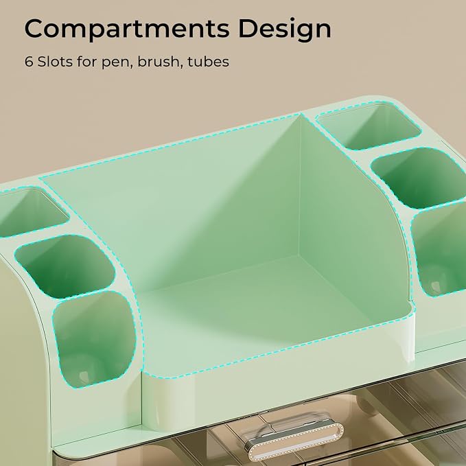 UFORU Makeup Organizer for Vanity with 2 Large Drawers, Cosmetic Display Case with Brush Holders, Easy to Storage for Bathroom Countertop Skincare, Perfume, Green