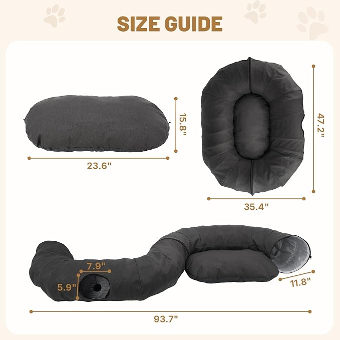 Extra Large Cat Tunnel, Cooling Natural Linen Big Tunnel for Large Cats, 47.2in Multi-Cat Family Long Cat Tunnel Bed with Washable Mat, Breathable & Durable Big Cat Tunnel for Cats, Dark Grey
