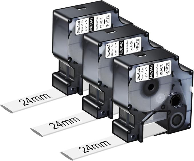 NineLeaf 3 Pack Compatible Labels Tape Replacement for Dymo 1805443 1 inch Black on White Heat Shrink Tube Labels 24mm x 1.5m for Wires and Cables Use in Rhino 6000 6500 Label Maker