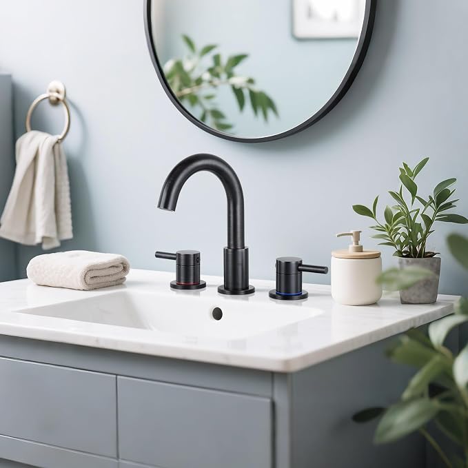 Bathroom Faucet 3 Hole, Oil Rubbed Bronze Bathroom Sink Faucet with Pop Up Drain, 8 inch Widespread Bathroom Faucet with 360° Swivel Spout, 2 Handle Vanity Faucet with Water Supply Hoses
