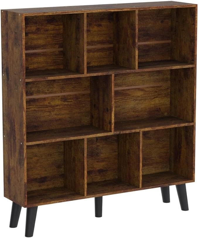 LEYAOYAO 8 Cube Bookshelf, Mid-Century Modern Book Shelf with Legs, Brown | 3 Tier Bookcase, Rustic Wood Bookshelves Freestanding Large Storage Organizer, Open Shelves for Bedroom, Living Room, Office