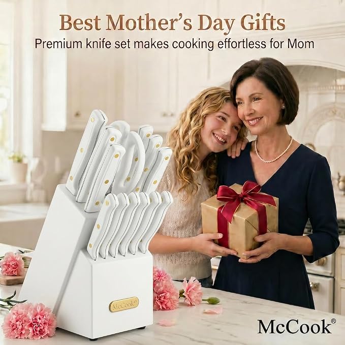 McCook Knife Set White Kitchen Knife Block Set w Built-in Sharpener | German Forged Stainless Steel,26 PC,Razor Sharp,Anti-Rust,Restaurant Grade,Ergonomic Handles,Full Tang,Gift Box