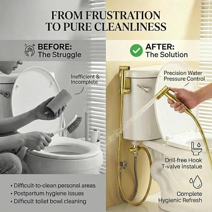 BARROCK Handheld Bidet Sprayer for Toilet, Stainless Steel Metal Made Baby Cloth Diaper Spraying Kit, Bathroom Toilet Bidet Attachment Set for Bathing Pets and Feminine Hygiene, Brushed Brass Gold
