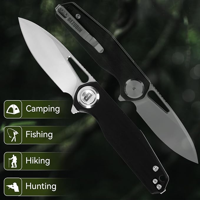 Pocket Folding Knife,3.15" D2 Steel Blade,Black G10 Handle,Push Button Lever Lock,Pocket Knife with Pocket Clip for Outdoor,Survival,EDC
