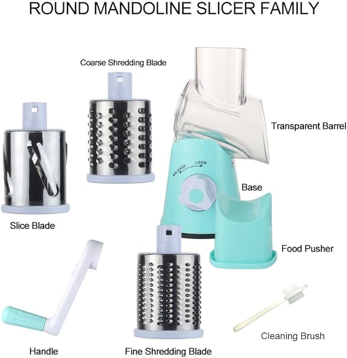 Cambom Rotary Cheese Grater Hand Crank Cheese Shredder for Fresh Cheese, Vegetable, Nuts,Non-slip Suction Base，Three Blades,Blue