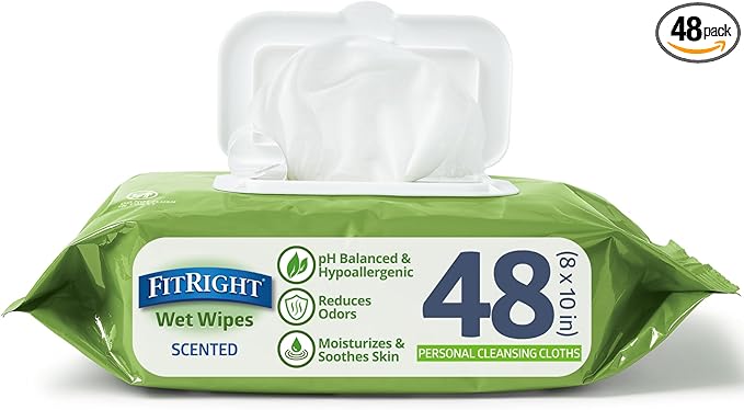 Medline FitRight Aloe Personal Cleansing Cloth Wipes, Scented, Pack of 48, 8 x 10 inch Adult Large Incontinence Wipes