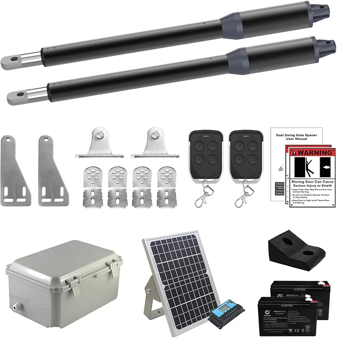 C01-L Solar Gate Openers with Batteries & Solar Panel for Dual Swing Gate Up to 14ft Long or 440lb Per Arm, Automatic Gate Openers for Driveway Dual Swing Gate with Long-Range Gate Opener Remote