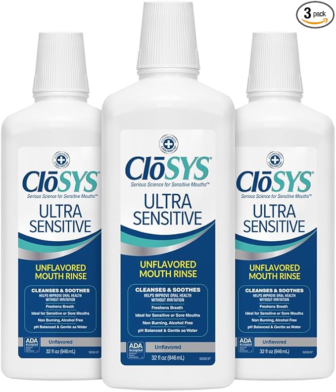 CloSYS Ultra Sensitive Mouthwash, 32 Oz, Pack of 3, Alcohol Free Mouthwash, Unflavored Mouth Wash, Dye Free, pH Balanced, Helps Soothe Entire Mouth