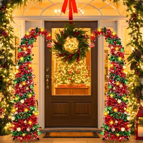 MACTING Whimsical Christmas Tree with Ball String Lights 5FT Pop Up Curved Tree with 15 Ball Lights & Hanging Ornaments Collapsible Tinsel Tree for Apartment Porch Indoor Outdoor Xmas Decor,Red&Green