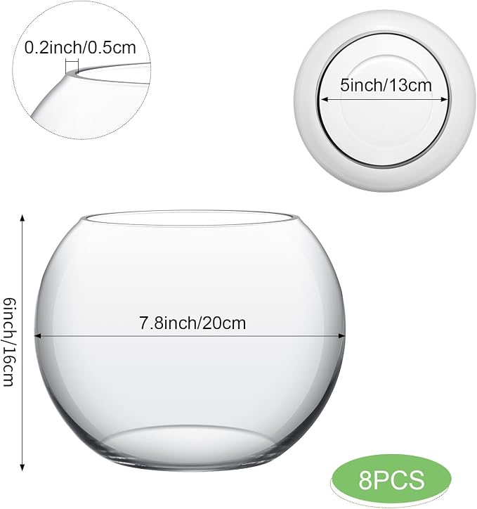 Sawysine 8 Pcs Bubble Bowl Vase Centerpiece 7.8''W X 6.3''H Round Glass Flower Vase Bulk Clear Terrarium Fish Bowl for Wedding Event Goldfish Planter Floral Centerpiece Office Home Decor