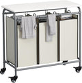 LINZINAR 3-Bag Laundry Hamper with Ironing Board, Beige 135L Laundry Sorter | Laundry Room Organization with Heavy Duty Rolling Lockable Wheels and Removable Bag, Bedroom Laundry Cart for Clothes Storage