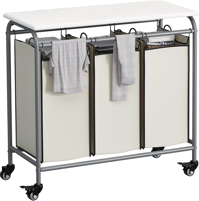 LINZINAR 3-Bag Laundry Hamper with Ironing Board, Beige 135L Laundry Sorter | Laundry Room Organization with Heavy Duty Rolling Lockable Wheels and Removable Bag, Bedroom Laundry Cart for Clothes Storage