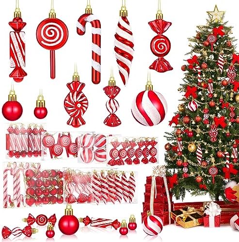 96 Pcs Christmas Tree Ornaments Red and White Candy Ball Ornament