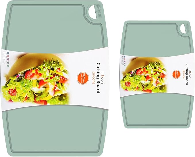 Thick Silicone Cutting Boards for Kitchen Silicone Chopping Boards/Mats Set of 2 Extra Large14.6''x10.43'', Mini 9.1”x7.1” Non-slip Deep Drip Juice Groove, Dishwasher Safe-Light Green