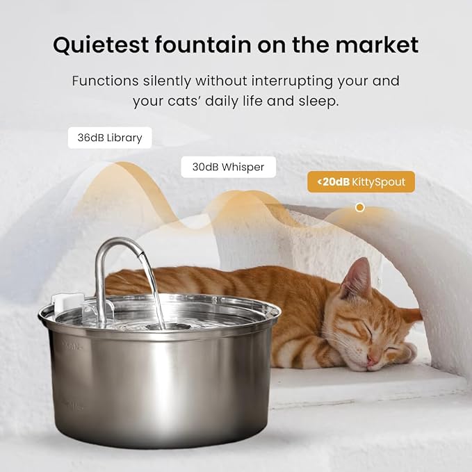KittySpout Stainless Steel Cat Water Fountain Automatic Drinking Fountain, Quiet Circulating Water Bowl, Dishwasher Safe, Indoor Pet Fountain for Hydrated Healthy Cats (Stainless Steel, 3.2L Corded)