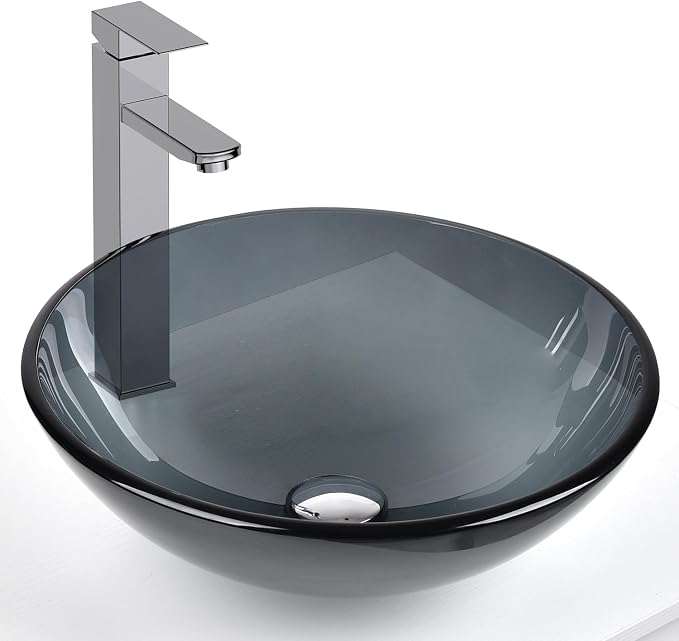 Bathroom Vessel Sink, Tempered Glass Vanity Round Bowl, Bluish Grey | Chrome Faucet, Pop Up Drain, Above Counter, Easy Clean