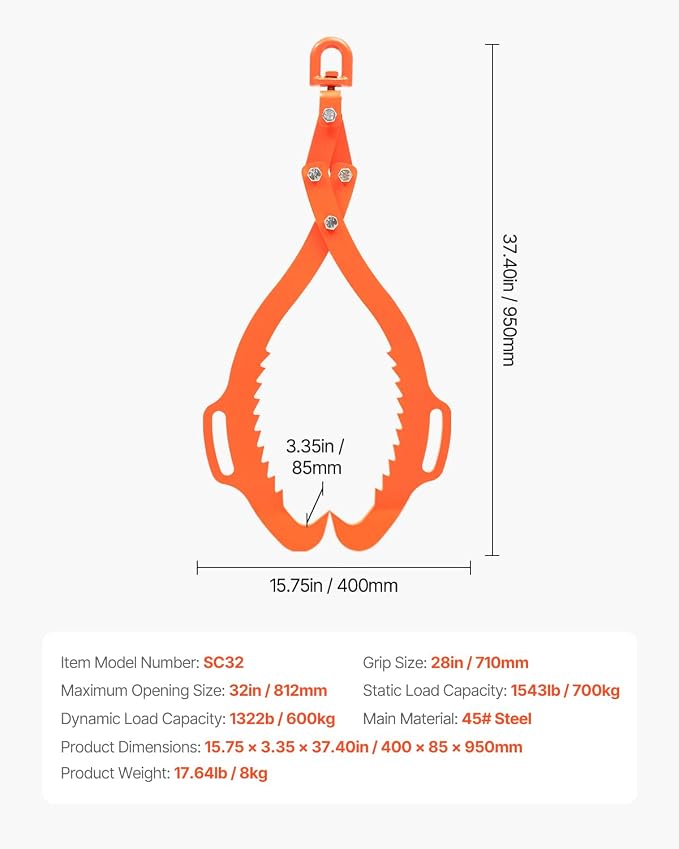 VEVOR 32in Log Lifting Tongs, 2-Claw Log Tongs, Heavy Duty Steel Log Grapple, 1543LBS Lifting Capacity, Swivel Log Graper Timber, Eagle Claw Design, Log Skidding Tongs for Trucks, Tractors, Forklifts