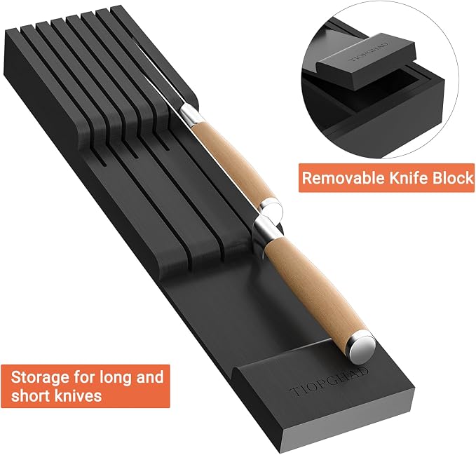 TIOPGHAD Bamboo-Silverware-Drawer-Organizer-Kitchen, Expandable Utensil Holder Cutlery Tray Flatware Organization Adjustable Wood Tableware Dividers Storage (with Removable Knife Block)(Black)