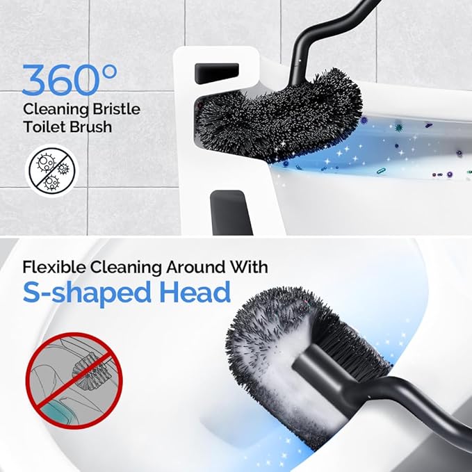 HAMITOR Toilet Brush and Holder Set: Stainless Steel Heavy Duty Bowl Cleaner Brush - Deep Cleaning Under Rim Curved Bristle - Space Saving Wall-Mounted for Home RV Bathroom Accessories Black 2 Pack