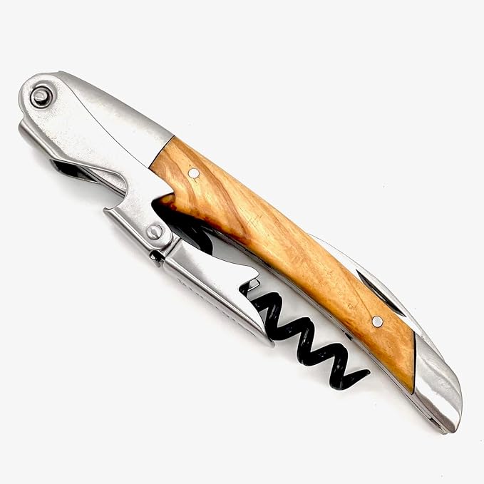 Olive Wood Wine Opener With Two Step Cork Pull Lever, Five Spiral Teflon Coated Worm and Serrated Knife, Beautiful Wood Grain and Quality Construction. The Superior Waiter's Corkscrew.