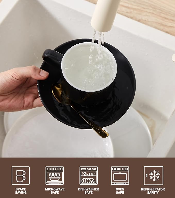 Lareina 8 Ounce Porcelain Cappuccino Cups Set of 4, Stackable Coffee Cups with Saucers, Spoons and Metal Stand -for Specialty Coffee Drinks, Cappuccino, Latte, Americano and Tea, Black