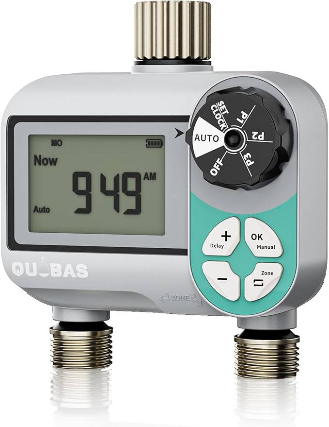 QUOBAS Sprinkler Timer, Weekly Programmable Water Hose Timer for Garden Hose Faucet with Waterproof LCD Screen, Rain Delay/Manual/Automatic Irrigation Watering System for Garden, Lawn, Yard