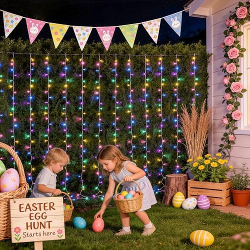 JMEXSUSS 300LED Curtain Lights for Easter Decor, 9.8x9.8ft, Pastel