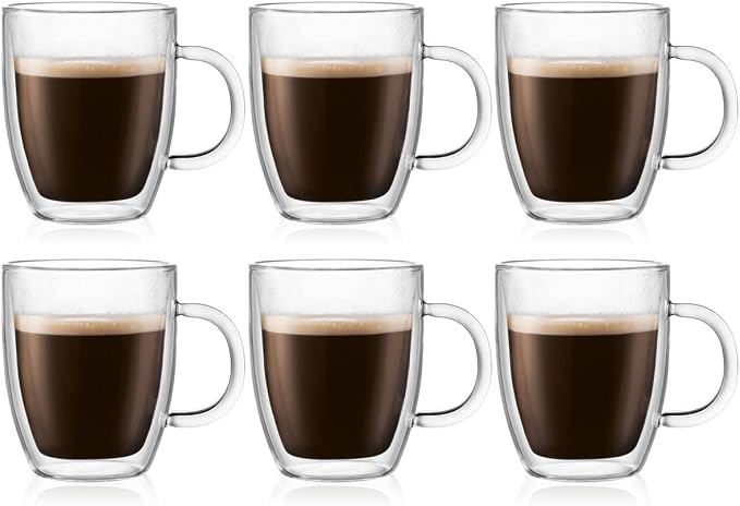 Bodum 10oz Bistro Double Wall Insulated Mug, High-Heat Borosilicate Glass, Set of 6, Clear
